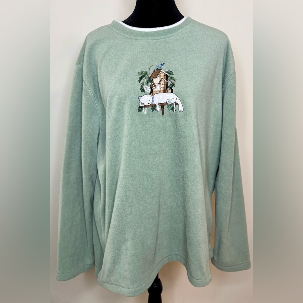 Vintage 90’s Y2K cute Cottagecore embroidered Cat and bird fleece pullover XL